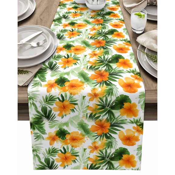 Table Runner Tropical Plants Orange Flowers Table Decoration for Kitchen Dinning Leaf Floral Table Decoration for Indoor Outdoor Party Wedding Decor 13x90inch
