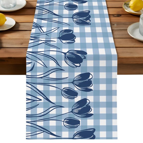 Table Runner Tulip Floral Decorative Table Runner for Kitchen Blue Plaid Dinning Runner for Party Wedding Holiday Indoor Outdoor 13x36inch