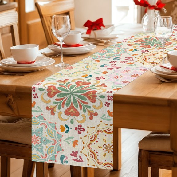 Table Runner Turkey Floral Pattern Dresser Scarves 13x36 Inch,Linen Table Runners Retro Bohemian Art Tablerunner for Home Dining Indoor Outdoor Wedding Party Tabletop Decor