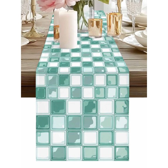 Table Runner Turquoise Mosaic Tiles Table Runners Checkerboard Squares Cotton Linen Dresser Scarf Kitchen Dining Table Decor for Holiday Party Home Decor 13x36 Inch
