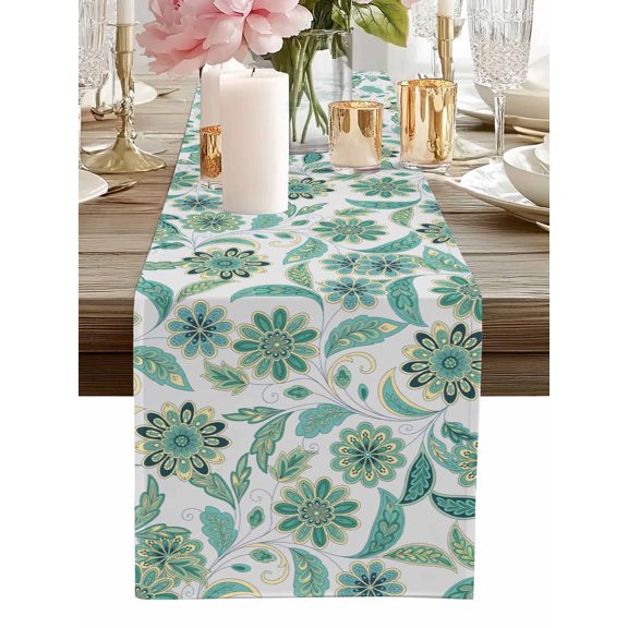 Table Runner Turquoise Paisley Flower Table Runners Abstract Boho Floral Cotton Linen Dresser Scarf Kitchen Dining Table Decor for Home Dinner Party Decor 13x72 Inch