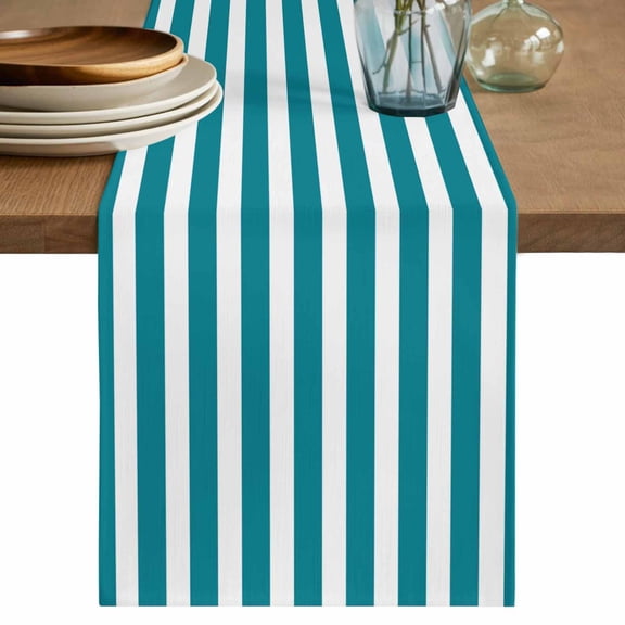 Table Runner Turquoise Stripes Soft Linen Style Table Runner Cloth Vertical Striped Dining Table Decor for Kitchen, Dining Room, Parties, Holiday & Everyday Use 13x36 Inch