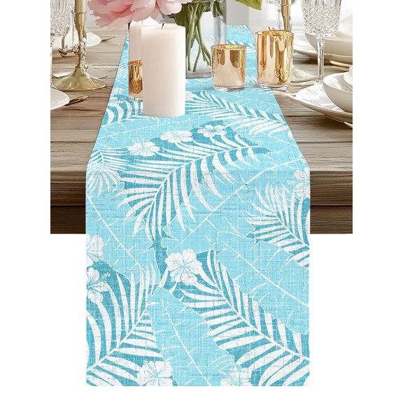 Table Runner Turquoise Tropical Palm Leaves Table Runners Jungle Floral Monstera Cotton Linen Dresser Scarf Kitchen Dining Table Decor for Holiday Party Home Decor 13x36 Inch