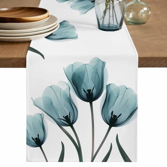 Table Runner Turquoise Tulip Soft Linen Style Table Runner Cloth Plant Floral Dining Table Decor for Kitchen, Dining Room, Parties, Holiday & Everyday Use 13x36 Inch