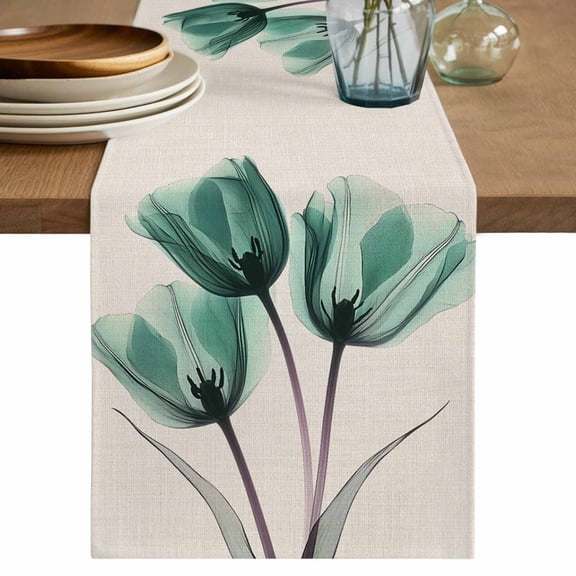 Table Runner Turquoise Tulip Soft Linen Style Table Runner Cloth Retro Flower Floral Dining Table Decor for Kitchen, Dining Room, Parties, Holiday & Everyday Use 13x36 Inch