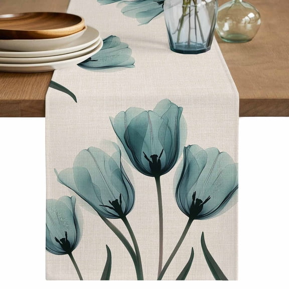 Table Runner Turquoise Tulip Soft Linen Style Table Runner Cloth Retro Plant Floral Dining Table Decor for Kitchen, Dining Room, Parties, Holiday & Everyday Use 13x36 Inch