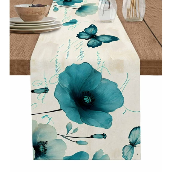 Table Runner Turquoise Tulip Table Decoration for Kitchen Dinning Butterfly Vintage Table Decoration for Indoor Outdoor Party Wedding Decor 13x90 Inch