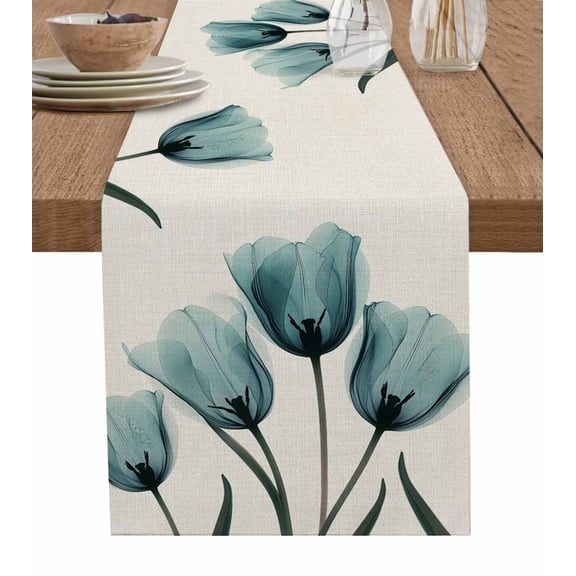 Table Runner Turquoise Tulip Table Decoration for Kitchen Dinning Retro Plant Floral Table Decoration for Indoor Outdoor Party Wedding Decor 13x72 Inch