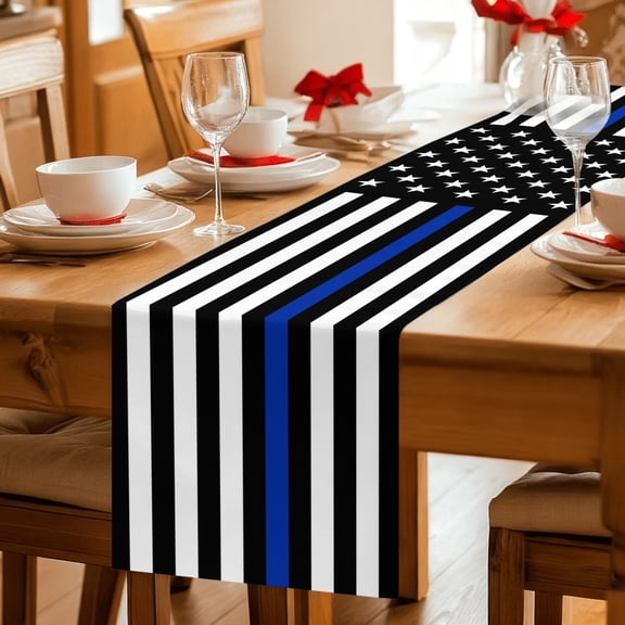Table Runner USA Flag Thin Blue Line Star Dresser Scarves 13x36 Inch,Linen Table Runners America Law Enforcement Flags Tablerunner for Home Dining Indoor Outdoor Wedding Party Tabletop Decor