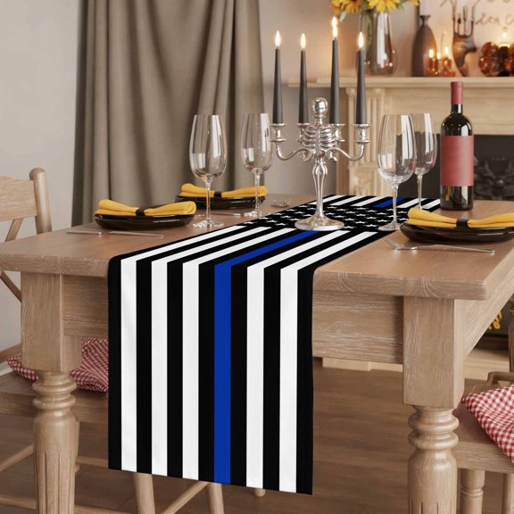 Table Runner,USA Flag Thin Blue Line Star Kitchen Dining Table Runners Tabletop Decorations America Law Enforcement Flags Tablerunner Dresser Scarves for Home Party Wedding Birthday Decor,13x72in
