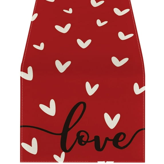 Table Runner, Valentine's Day Decorations, 13x47 Inch Valentine's Day Table Runner with Black & White Stripes Design, Features "hello LOVE" & Red Heart Accents, Modern Dining Table Decor Runner