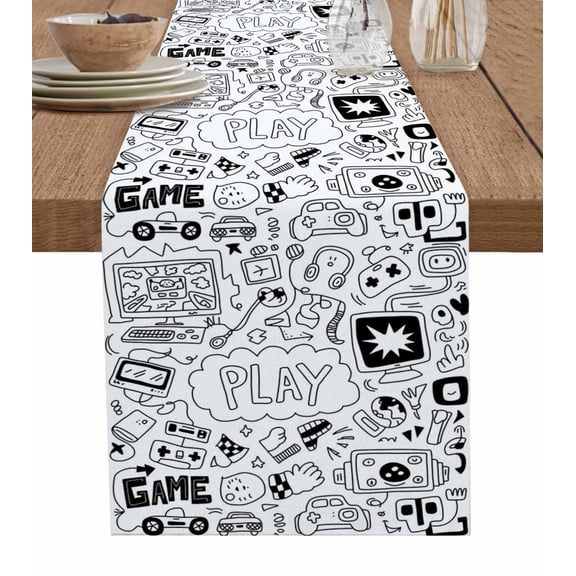 Table Runner Video Games Table Decoration for Kitchen Dinning Monochrome Sketch Gaming Monitor Device Table Decoration for Indoor Outdoor Party Wedding Decor 13x72inch