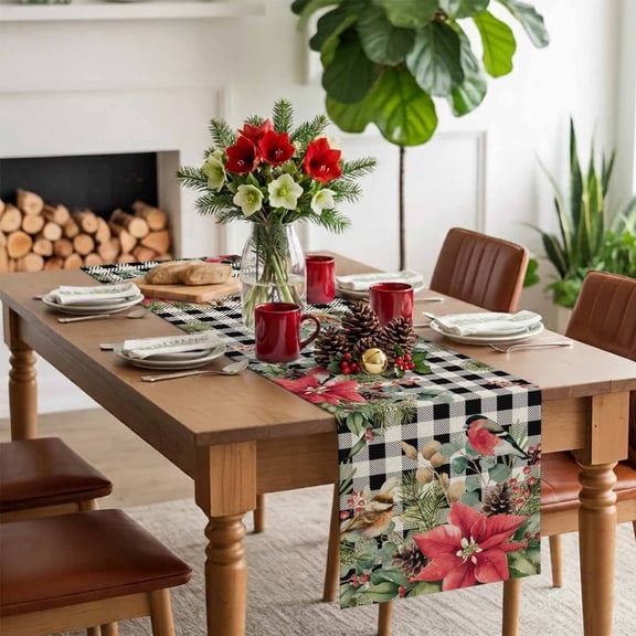 Table Runner Vintage Christmas Red Flowers Dresser Scarves 13x36 Inch Linen Table Runners Bird on Black White Plaid Tablerunner for Home Dining Indoor Outdoor Wedding Party Tabletop Decor