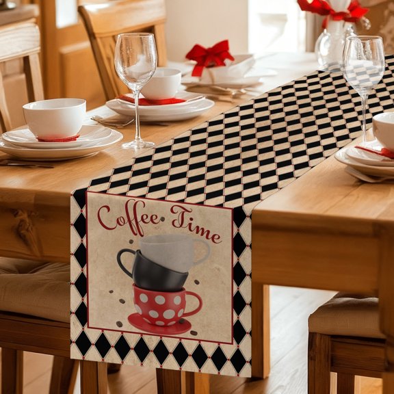 Table Runner Vintage Coffee Cup Beans Texts Dresser Scarves 13x36 Inch,Linen Table Runners Black Check Border Tablerunner for Home Dining Indoor Outdoor Wedding Party Tabletop Decor