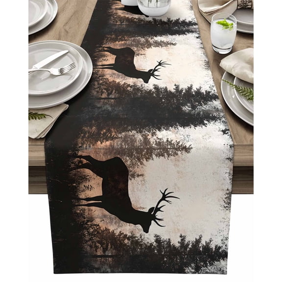 Table Runner Vintage Elk Oil Painting Table Decoration for Kitchen Dinning Trees Forest Table Decoration for Indoor Outdoor Party Wedding Decor 13x72inch
