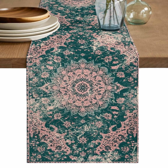 Table Runner Vintage Floral Soft Linen Style Table Runner Cloth Medieval Ethnic Style Turkish Green Dining Table Decor for Kitchen, Dining Room, Parties, Holiday & Everyday Use 13x36 Inch