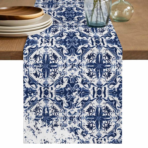 Table Runner Vintage Floral Soft Linen Style Table Runner Cloth Medieval Ethnic Style Turkish Texture Dining Table Decor for Kitchen, Dining Room, Parties, Holiday & Everyday Use 13x36 Inch