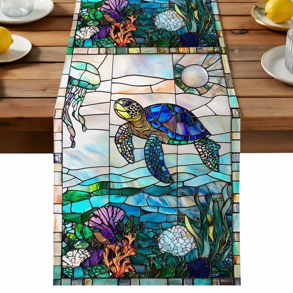Table Runner Vintage Glass Art Decorative Table Runner for Kitchen Ocean Turtle Jellyfish Dinning Runner for Party Wedding Holiday Indoor Outdoor 13x36inch