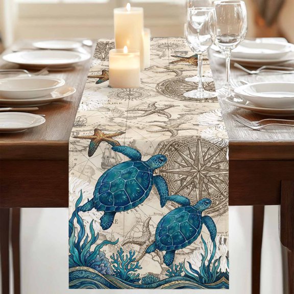 Table Runner,Vintage Sea Turtle Seaweed Starfish Kitchen Dining Table Runners Tabletop Decorations Compass Shell World Map Tablerunner Dresser Scarves for Home Party Wedding Birthday Decor,13x72in