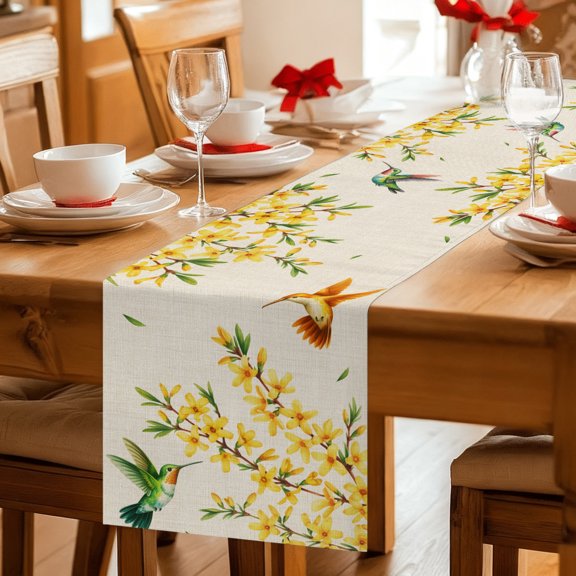 Table Runner Vintage Spring Flowers on Linen Dresser Scarves 13x36 Inch,Linen Table Runners Birds Leaves Tablerunner for Home Dining Indoor Outdoor Wedding Party Tabletop Decor
