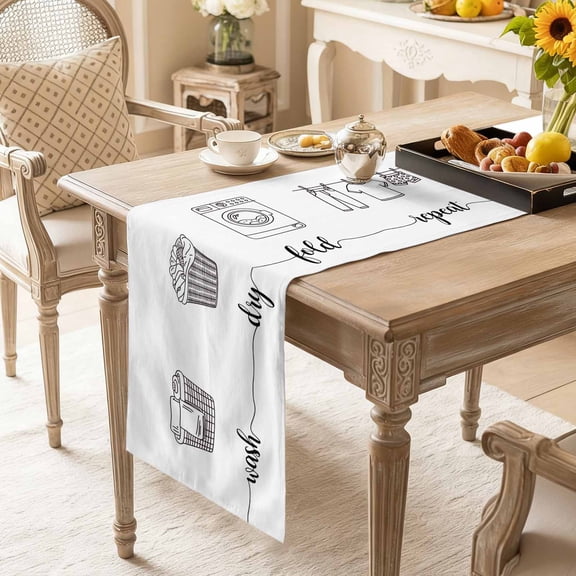 Table Runner Wash Dry Fold Repeat Words Dresser Scarves 13x36 Inch,Linen Table Runners Cartoon Laundry Steps Tablerunner for Home Dining Indoor Outdoor Wedding Party Tabletop Decor