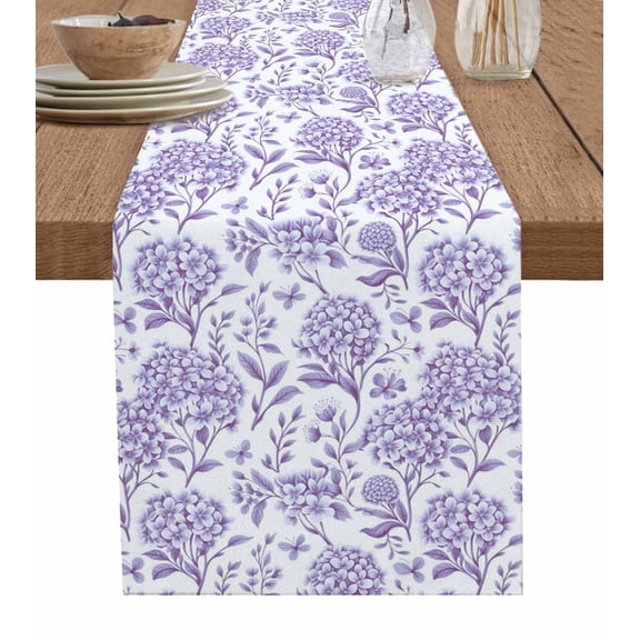 Table Runner Watercolor Abstract Purple Hydrangea Table Decoration for Kitchen Dinning Spring Plant Leaf Table Decoration for Indoor Outdoor Party Wedding Decor 13x90inch