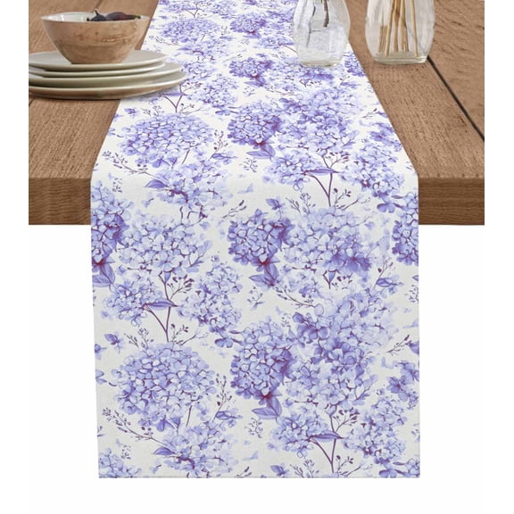 Table Runner Watercolor Abstract Purple Hydrangea Table Decoration for Kitchen Dinning Spring Plant Table Decoration for Indoor Outdoor Party Wedding Decor 13x72inch