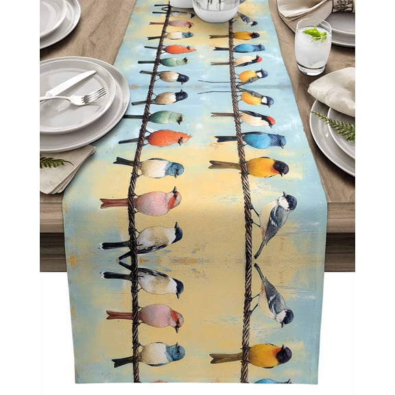 Table Runner Watercolor Birds Table Decoration for Kitchen Dinning Blue Teal Yellow Table Decoration for Indoor Outdoor Party Wedding Decor 13x72inch