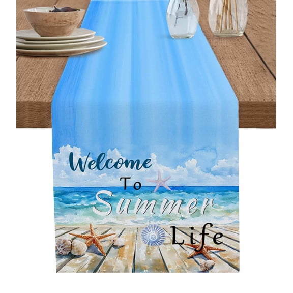 Table Runner Watercolor Blue Ocean Sky Starfish Table Decoration for Kitchen Dinning Plank Shell Table Decoration for Indoor Outdoor Party Wedding Decor 13x90inch