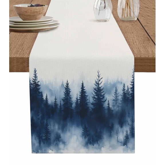 Table Runner Watercolor Blue Trees Forest Table Decoration for Kitchen Dinning Abstract Art Table Decoration for Indoor Outdoor Party Wedding Decor 13x90inch