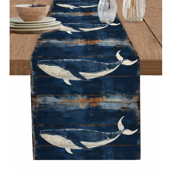 Table Runner Watercolor Blue Whale Ocean Table Decoration for Kitchen Dinning Retro Wood Grain Table Decoration for Indoor Outdoor Party Wedding Decor 13x90inch