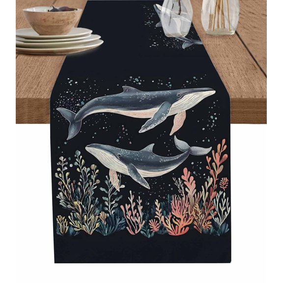 Table Runner Watercolor Blue Whale Table Decoration for Kitchen Dinning Red Yellow Coral Table Decoration for Indoor Outdoor Party Wedding Decor 13x90inch