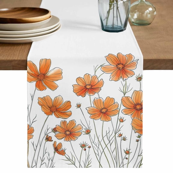 Table Runner Watercolor Chrysanthemum Soft Linen Style Table Runner Cloth Orange Floral Dining Table Decor for Kitchen, Dining Room, Parties, Holiday & Everyday Use 13x36 Inch