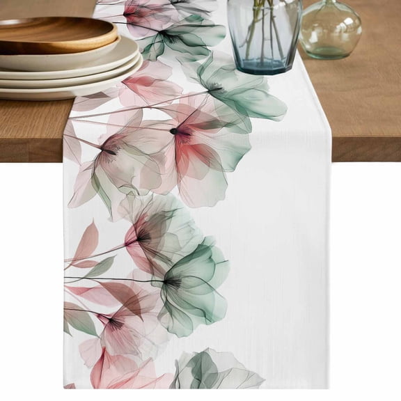 Table Runner Watercolor Flower Soft Linen Style Table Runner Cloth Green Floral Dining Table Decor for Kitchen, Dining Room, Parties, Holiday & Everyday Use 13x36 Inch