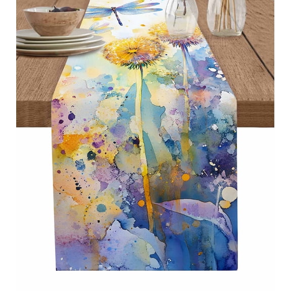 Table Runner Watercolor Flowers Dragonfly Table Decoration for Kitchen Dinning Spring Pastoral Table Decoration for Indoor Outdoor Party Wedding Decor 13x72 Inch