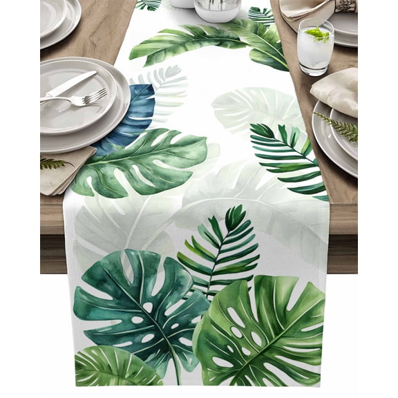 Table Runner Watercolor Green Monstera Leaves Table Decoration for Kitchen Dinning Tropical Plants Table Decoration for Indoor Outdoor Party Wedding Decor 13x72inch