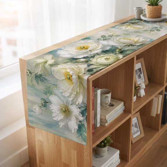 Table Runner Watercolor Green White Flowers Dresser Scarves 13x36 Inch,Linen Table Runners Oil Style Floral Art Tablerunner for Home Dining Indoor Outdoor Wedding Party Tabletop Decor