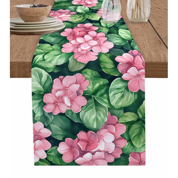 Table Runner Watercolor Pink Flowers Table Decoration for Kitchen Dinning Green Leaves Table Decoration for Indoor Outdoor Party Wedding Decor 13x72 Inch