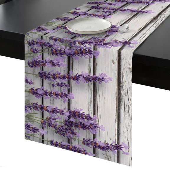 Table Runner Watercolor Purple Lavender Decorative Dining Table Runner Floral Wood Grain Kitchen Table Decoration for Home, Holiday and Party Use 13x36 Inch