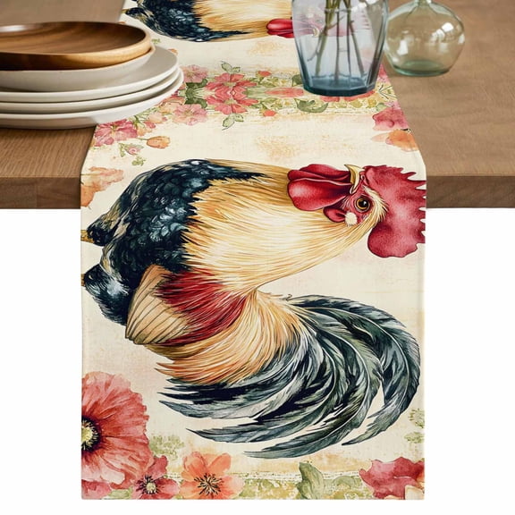 Table Runner Watercolor Rooster Pink Flowers Soft Linen Style Table Runner Cloth Floral Plant Dining Table Decor for Kitchen, Dining Room, Parties, Holiday & Everyday Use 13x36 Inch
