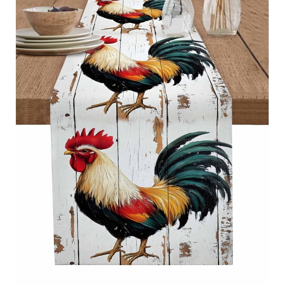Table Runner Watercolor Rooster Table Decoration for Kitchen Dinning White Wood Grain Table Decoration for Indoor Outdoor Party Wedding Decor 13x90 Inch