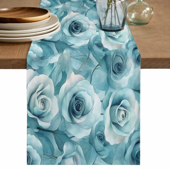 Table Runner Watercolor Rose Soft Linen Style Table Runner Cloth Teal Blue Flowers Dining Table Decor for Kitchen, Dining Room, Parties, Holiday & Everyday Use 13x36 Inch