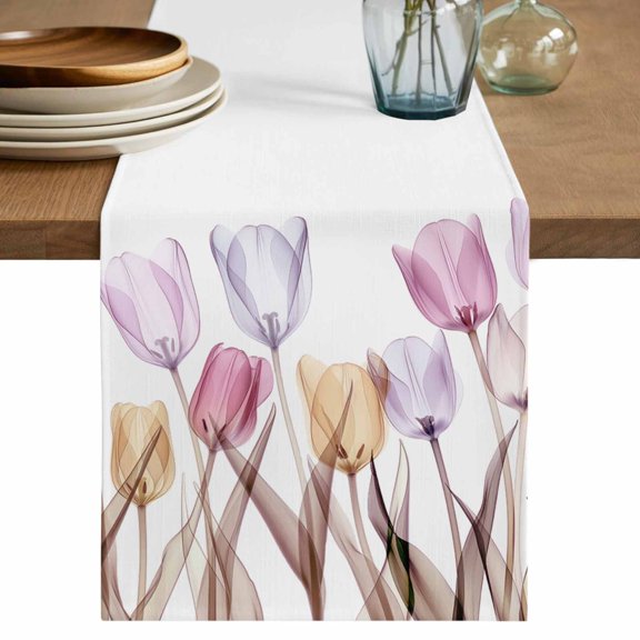 Table Runner Watercolor Simple Style Tulip Soft Linen Style Table Runner Cloth Flower Floral Dining Table Decor for Kitchen, Dining Room, Parties, Holiday & Everyday Use 13x36 Inch