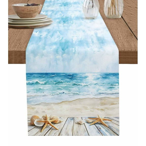 Table Runner Watercolor Starfish Shell Beach Table Decoration for Kitchen Dinning Red Ocean Sky Table Decoration for Indoor Outdoor Party Wedding Decor 13x72inch