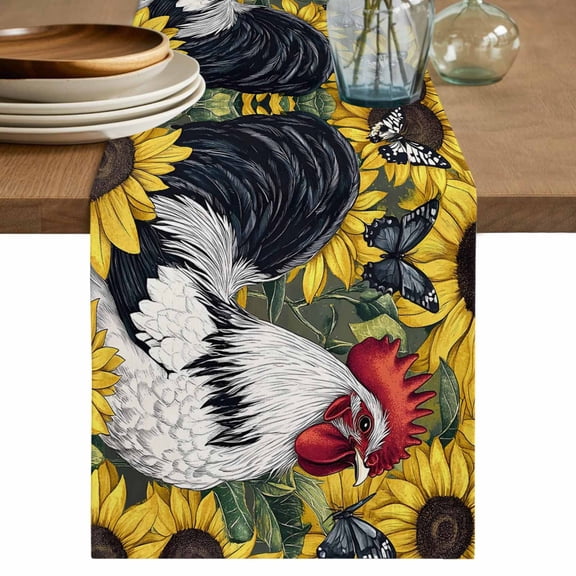 Table Runner Watercolor Sunflower Rooster Soft Linen Style Table Runner Cloth Butterfly Plant Leaf Dining Table Decor for Kitchen, Dining Room, Parties, Holiday & Everyday Use 13x36 Inch