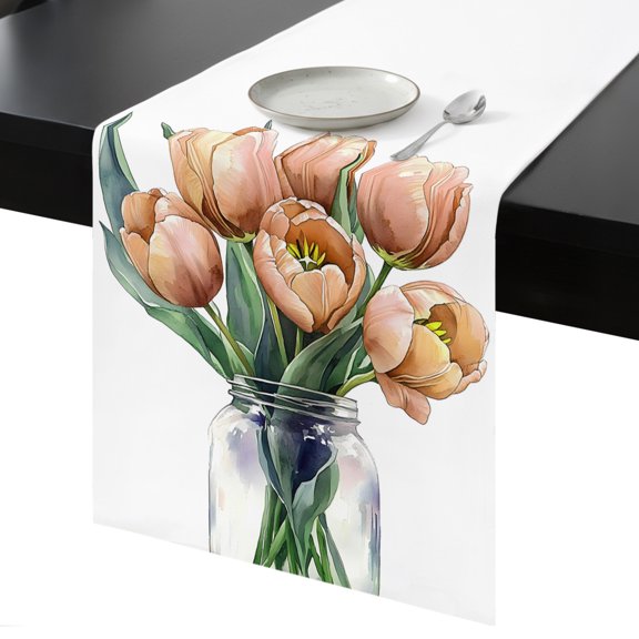 Table Runner Watercolor Tulip Decorative Dining Table Runner Yellow Flowers Leaf Kitchen Table Decoration for Home, Holiday and Party Use 13x36 Inch