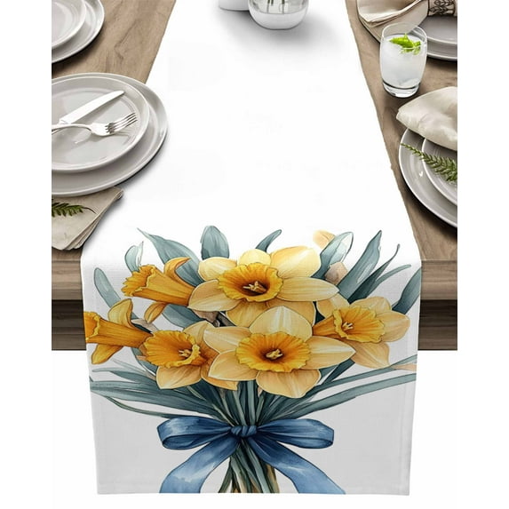 Table Runner Watercolor Yellow Flowers Green Table Decoration for Kitchen Dinning Blue Bow Table Decoration for Indoor Outdoor Party Wedding Decor 13x72inch