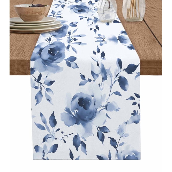 Table Runner Watercolors Ombre Blue Floral Table Decoration for Kitchen Dinning Vintage Flowers Table Decoration for Indoor Outdoor Party Wedding Decor 13x72 Inch