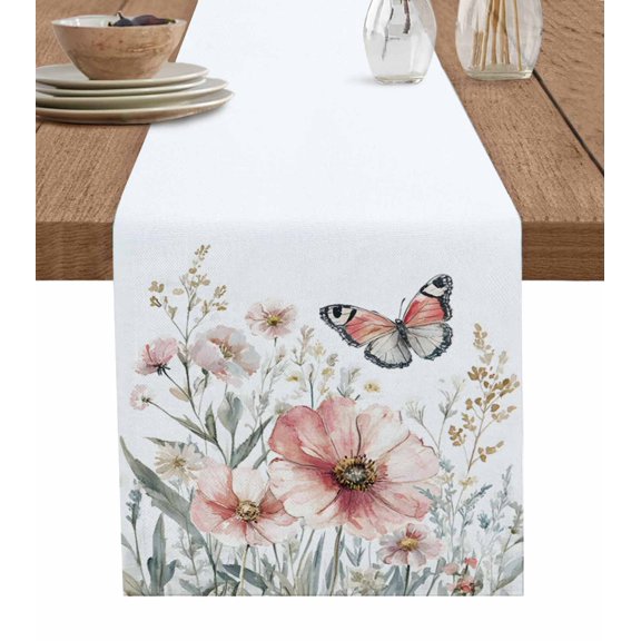 Table Runner Watercolors Pink Flower Butterfly Table Decoration for Kitchen Dinning Wildflowers Table Decoration for Indoor Outdoor Party Wedding Decor 13x72 Inch
