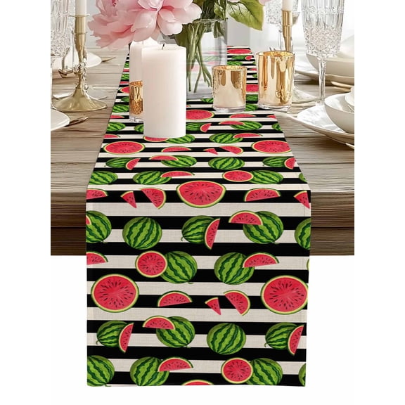 Table Runner Watermelon Table Runners Summer Fruit Black Stripes Cotton Linen Dresser Scarf Kitchen Dining Table Decor for Home Dinner Party Decor 13x36 Inch